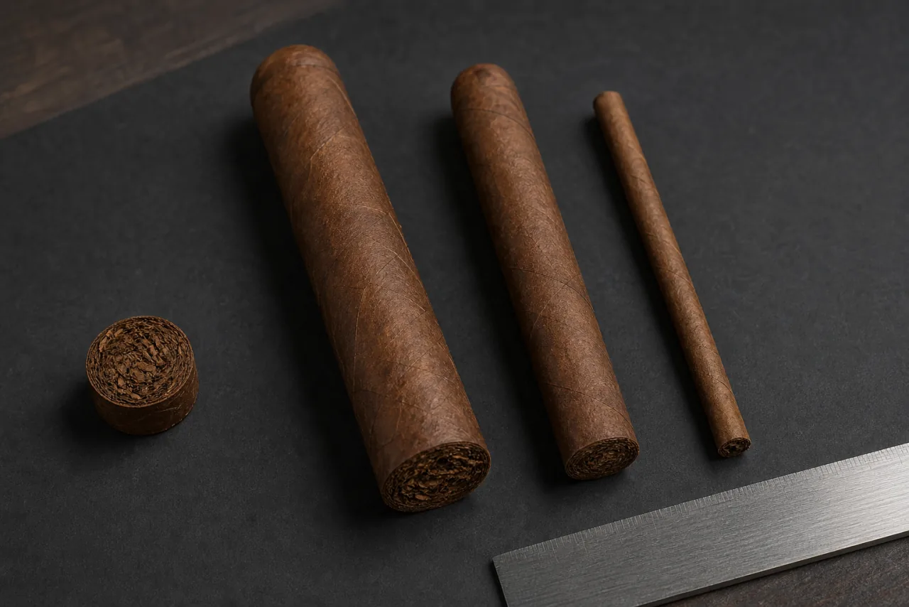 AI-generated photorealistic technical study of generic unlit cigar and cigarillo formats. Generic format reference; not a photograph of Al Capone Slims Rum.