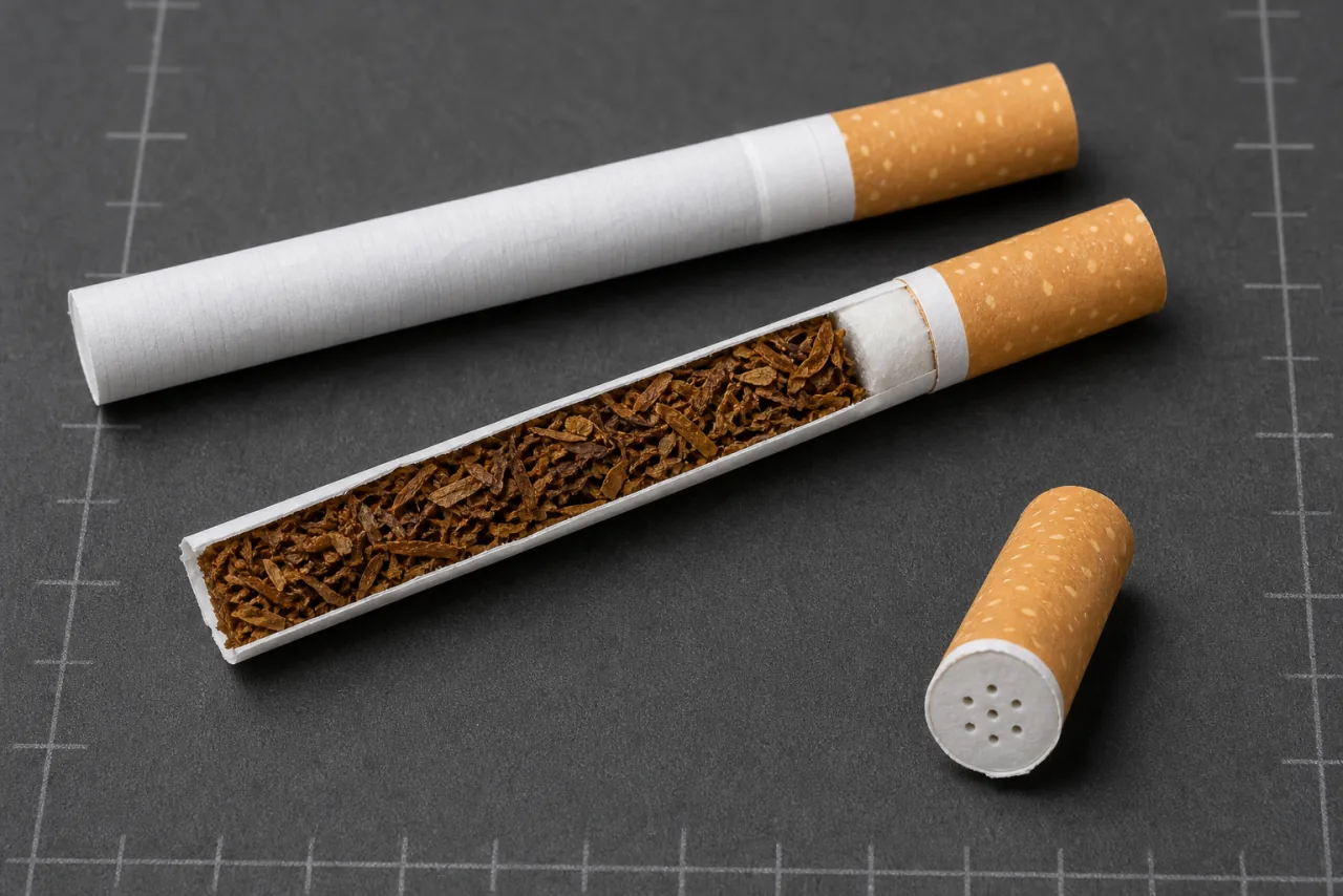 AI-generated photorealistic clinical study of generic unlit cigarette construction. Generic format reference; not a photograph of Benson & Hedges Light.