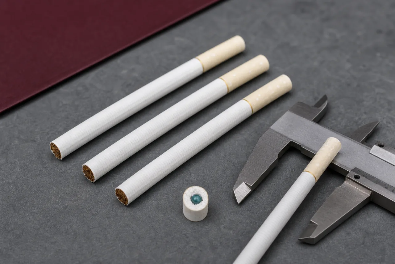 AI-generated photorealistic clinical study of generic unlit slim and capsule cigarette formats. Generic format reference; not a photograph of Esse Lights / Change.