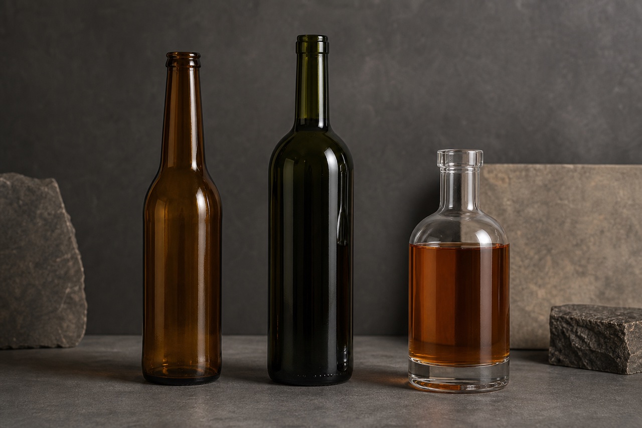 AI-generated studio study of three generic unlabeled bottle formats. Generic format reference; not a photograph of Absolut Original.
